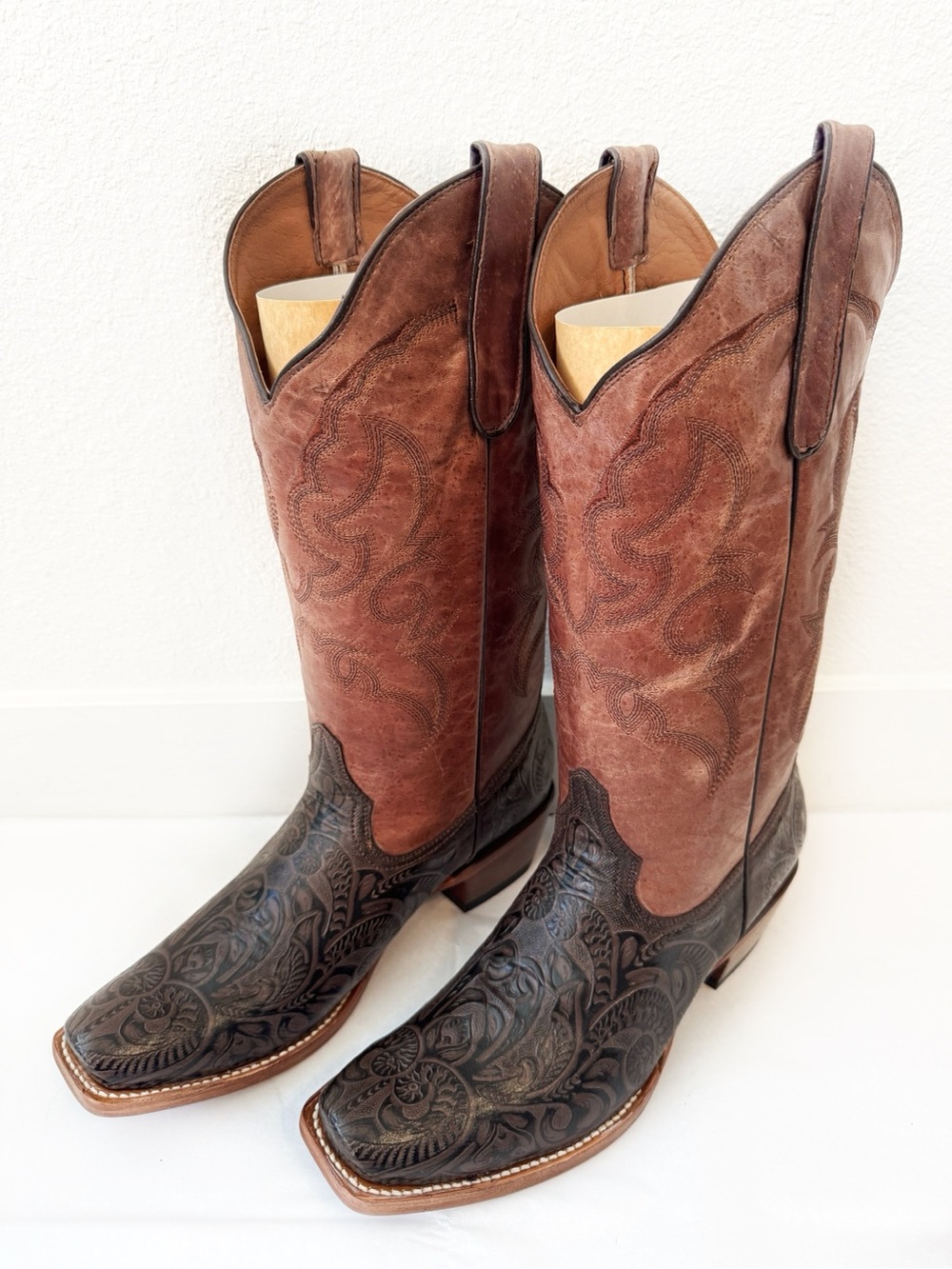 Tanner Mark Two Tone Hand Tooled Leather Cowboy Boots in Brown 10.5
